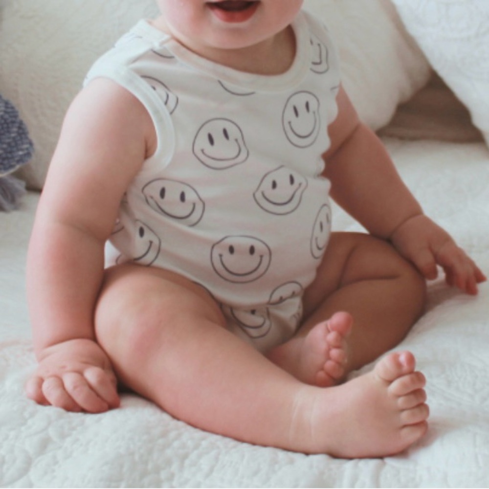 Baby Romper White, Navy Blue Smiley Faces, Organic Cotton, 3-6 Months